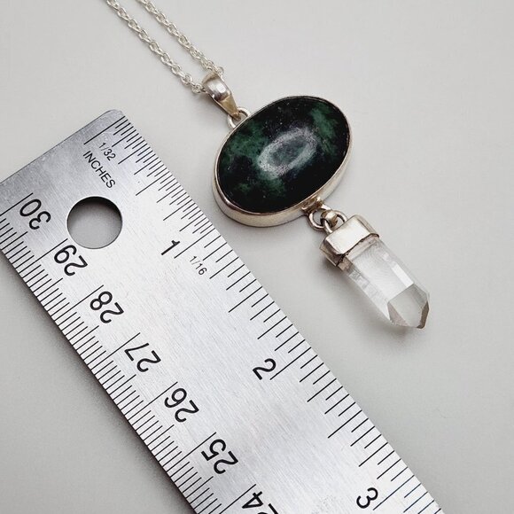 Black Green Zoisite Crystal Druzy Drop Boho 925 Sterling Silver Necklace - Picture 5 of 7